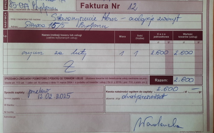 Faktura z danymi, w tym datą i kwotą do zapłaty.