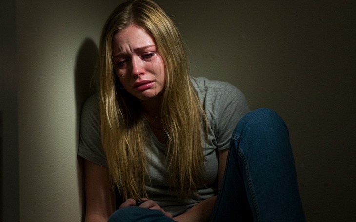 Młoda kobieta siedzi w kącie, płacząc w ciemnym pomieszczeniu.