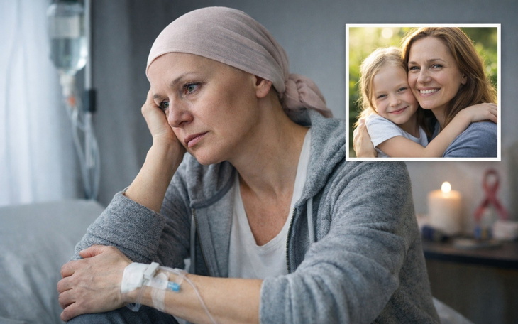 Kobieta w szpitalu, z wyrazem smutku, trzyma rękę na głowie.