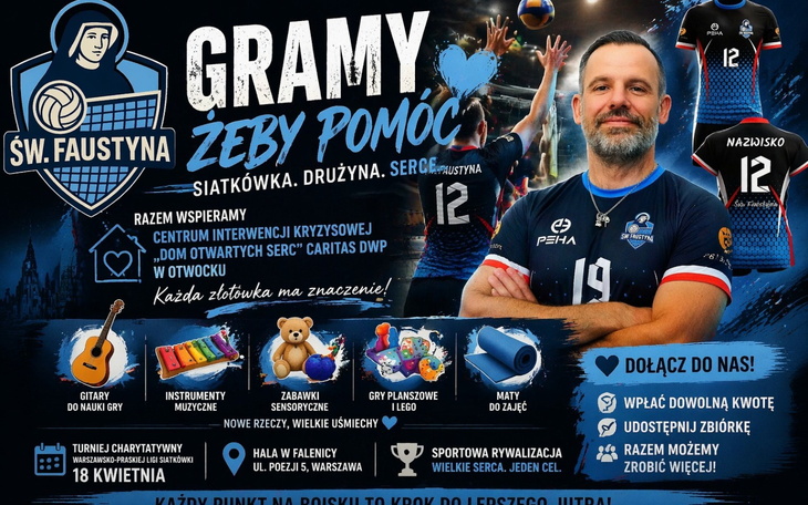 Plakat promujący wydarzenie sportowe z drużyną siatkarską.
