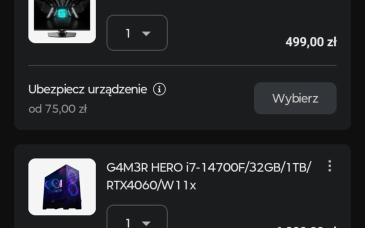 Zrzut ekranu z zamówieniem sprzętu komputerowego.