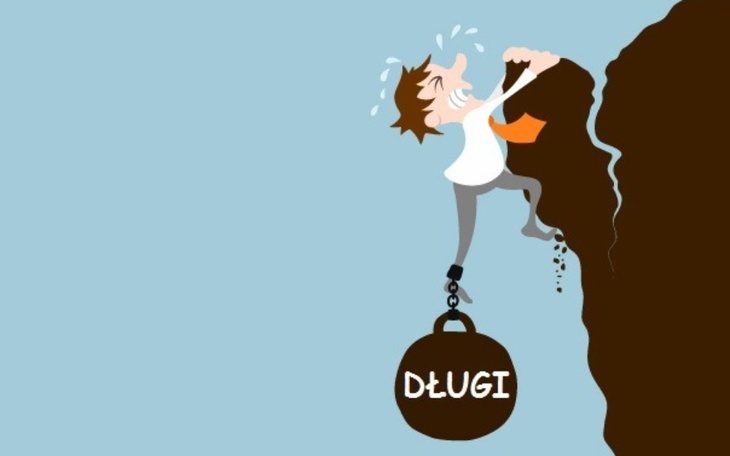 Karykatura mężczyzny wspinającego się z ciężarem długów.