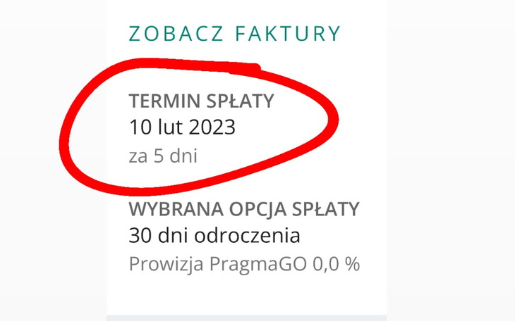 Zrzut ekranu z fakturą, z terminem płatności.