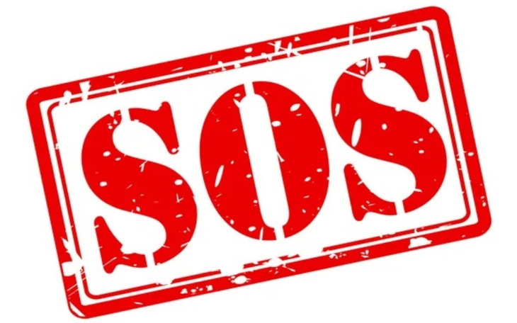 Czerwony stempel SOS na białym tle.
