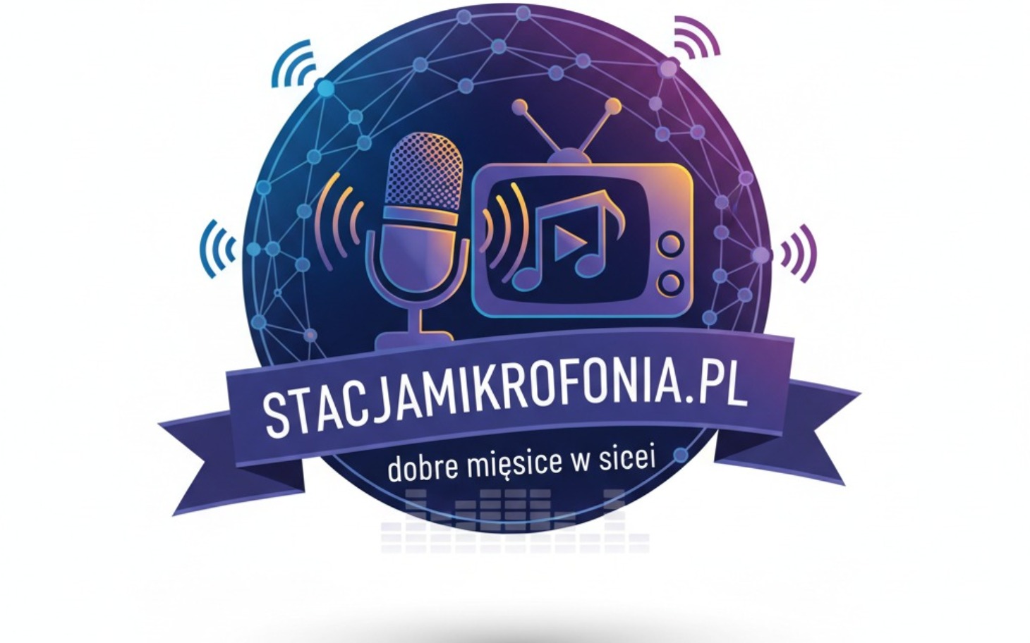 
        Logo stacji radiowej z mikrofonem i nutami.
    