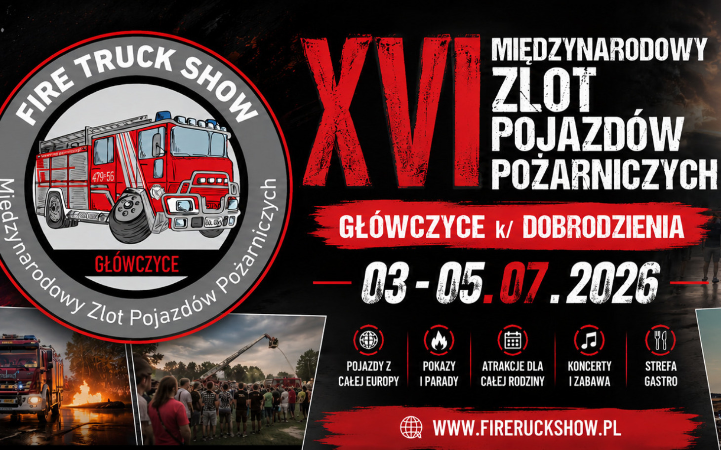 
        Redny samochód straży pożarnej na plakacie wydarzenia z pokazem sprzętu
    