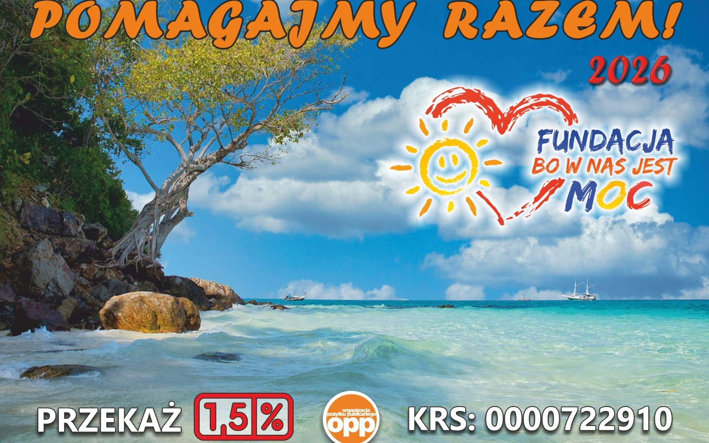 
        Plaża z drzewem, słońce i morze, zachęta do wsparcia fundacji.
    