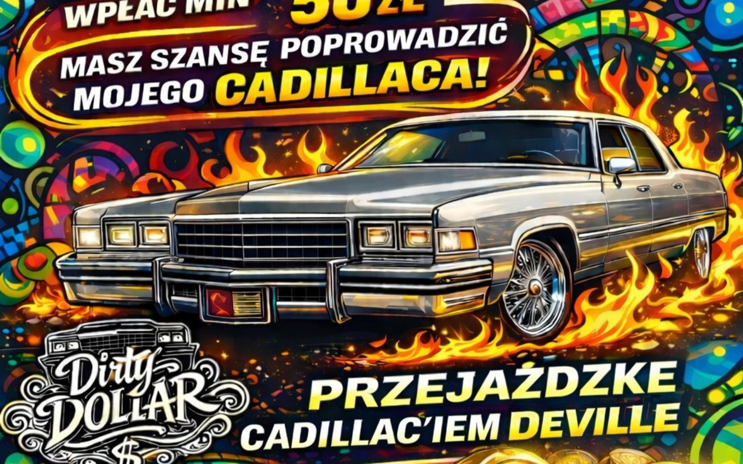 
        Plakat promujący przejażdżkę Cadillakiem.
    