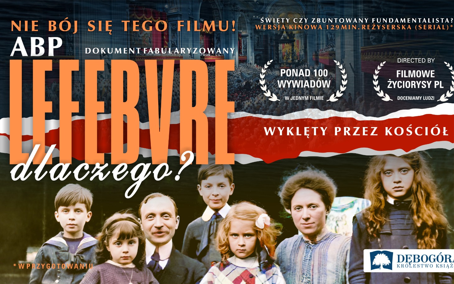 Grupa ludzi w historycznym kontekście, z dokumentem filmowym w tle.