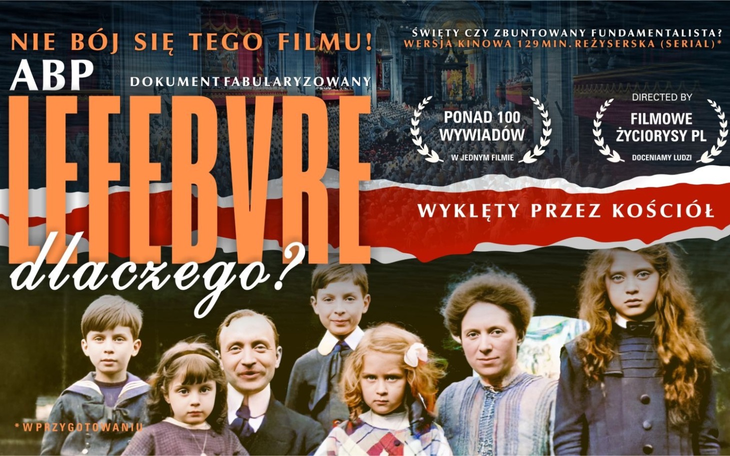 
        Plakat filmu dokumentalnego z grupą ludzi w starym stylu.
    