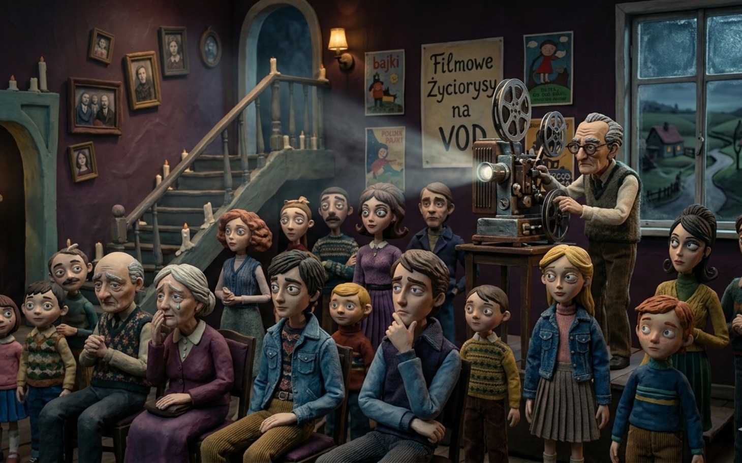
        Animowana scena z widownią oglądającą film na VOD.
    