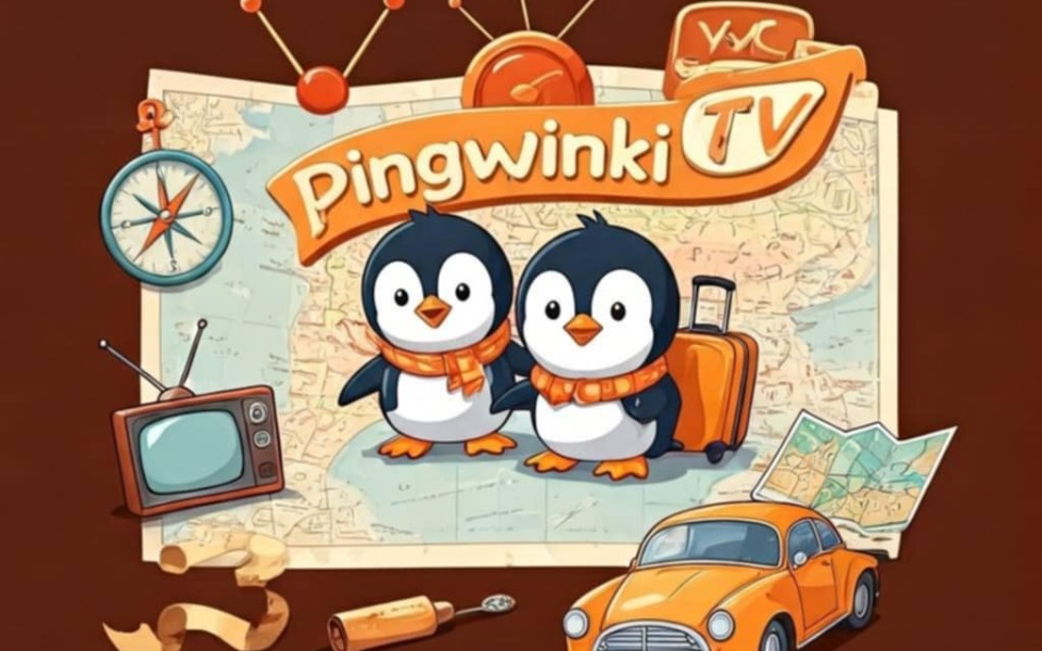 
        Ilustracja z pingwinami w stylu retro, z napisem Pingwinki TV.
    