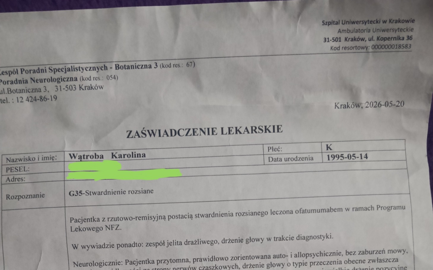 
        Dokument medyczny z danymi pacjenta.
    