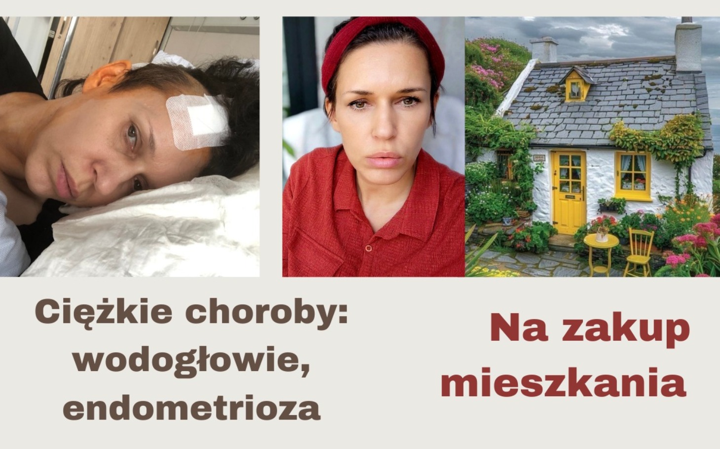 
        Kobieta z opatrunkiem na głowie, zdjęcia związane z chorobami i marzeniem o mieszkaniu.
    