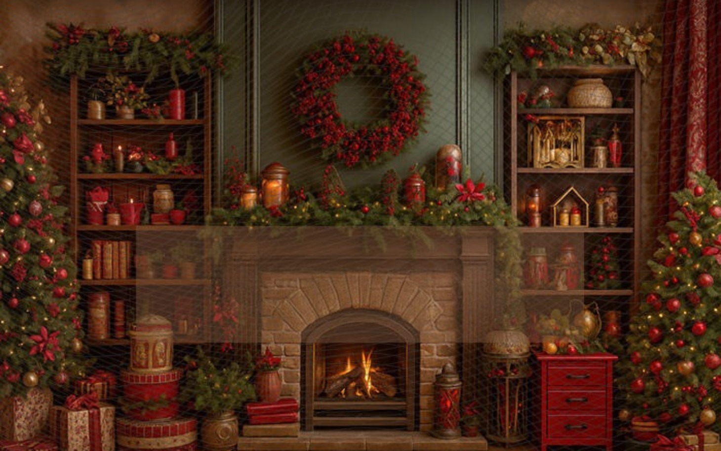 
        Przytulny kominek ozdobiony świątecznymi dekoracjami.
    