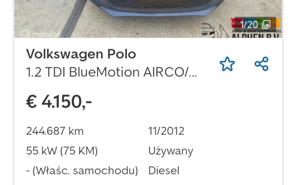 
        Ogłoszenie sprzedaży używanego Volkswagena Polo z 2012 roku.
    