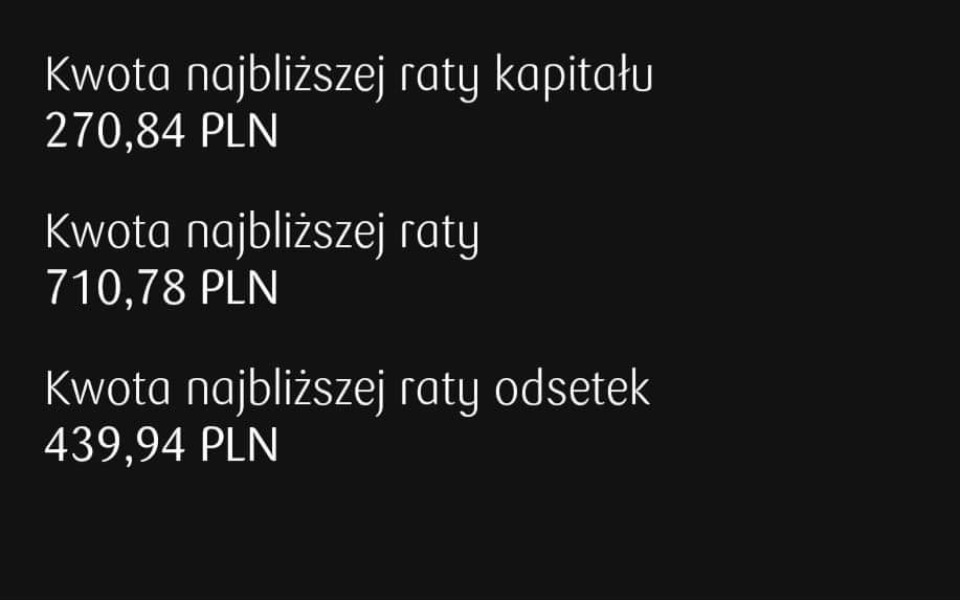 
        Zrzut ekranu z informacjami o ratach kredytowych.
    