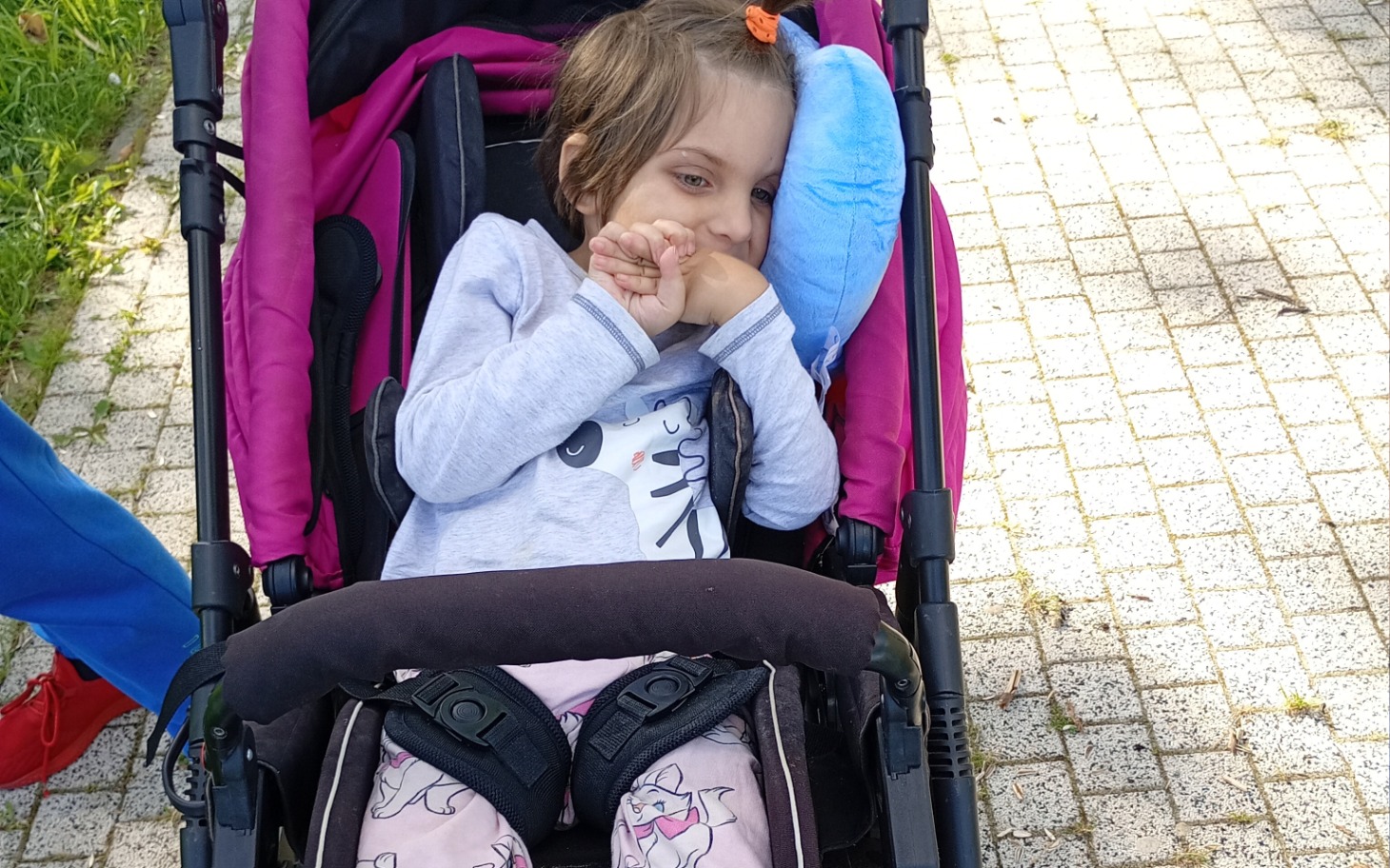 
        Mała dziewczynka w wózku, uśmiechnięta i zrelaksowana.
    