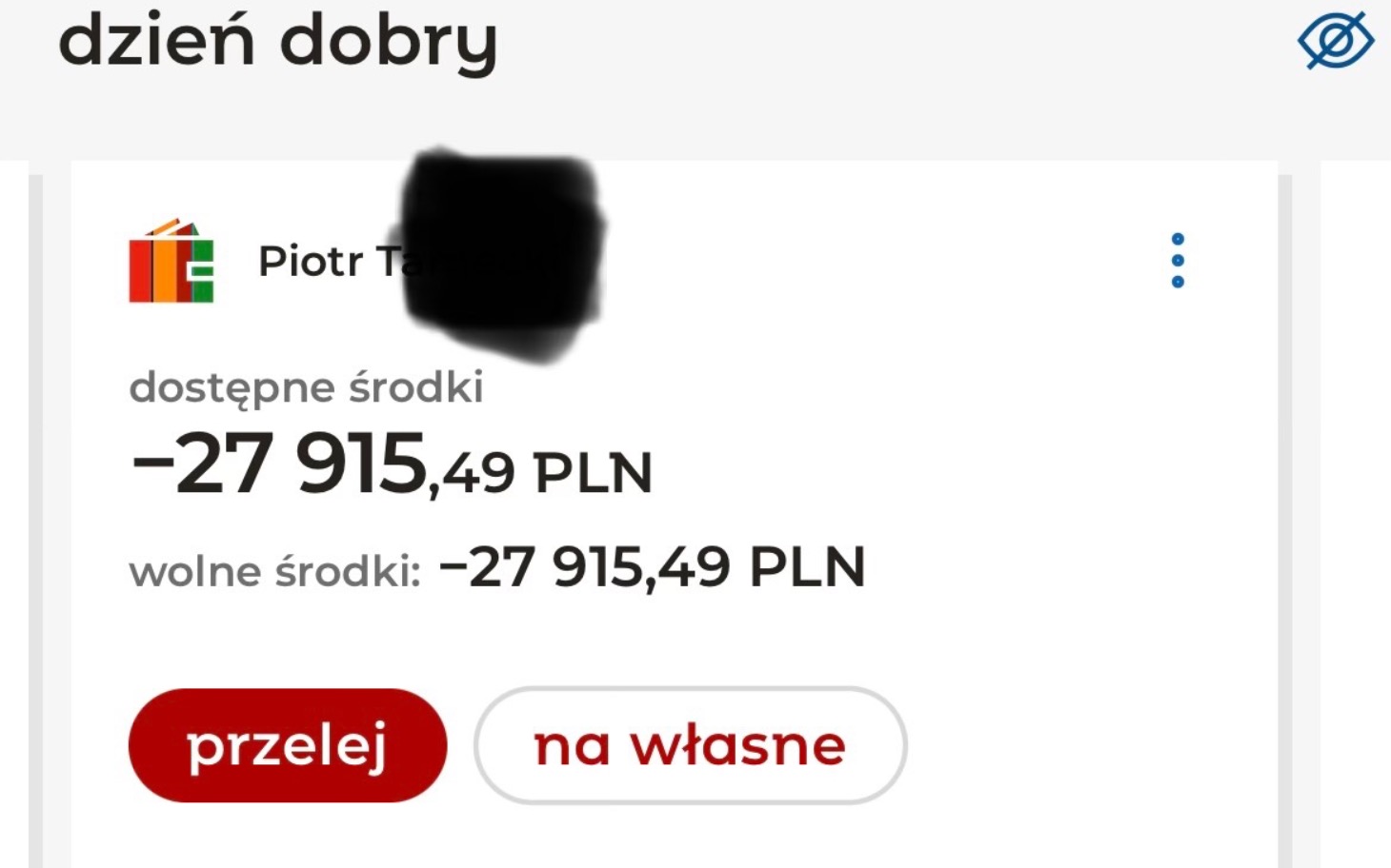 
        Zrzut ekranu z aplikacji bankowej, pokazujący saldo konta.
    
