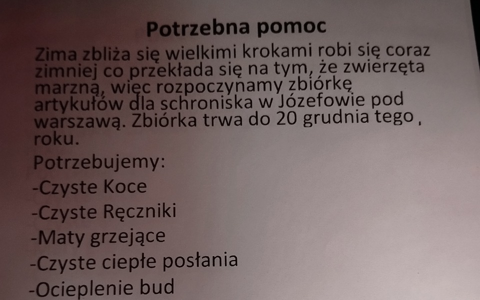 
        Zbiórka Schronisko musi być ogrzane - zdjęcie główne
    