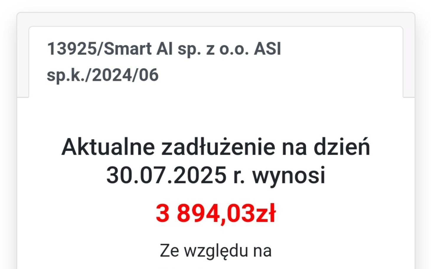 
        Dokument z informacją o zadłużeniu na dzień 30.07.2025.
    