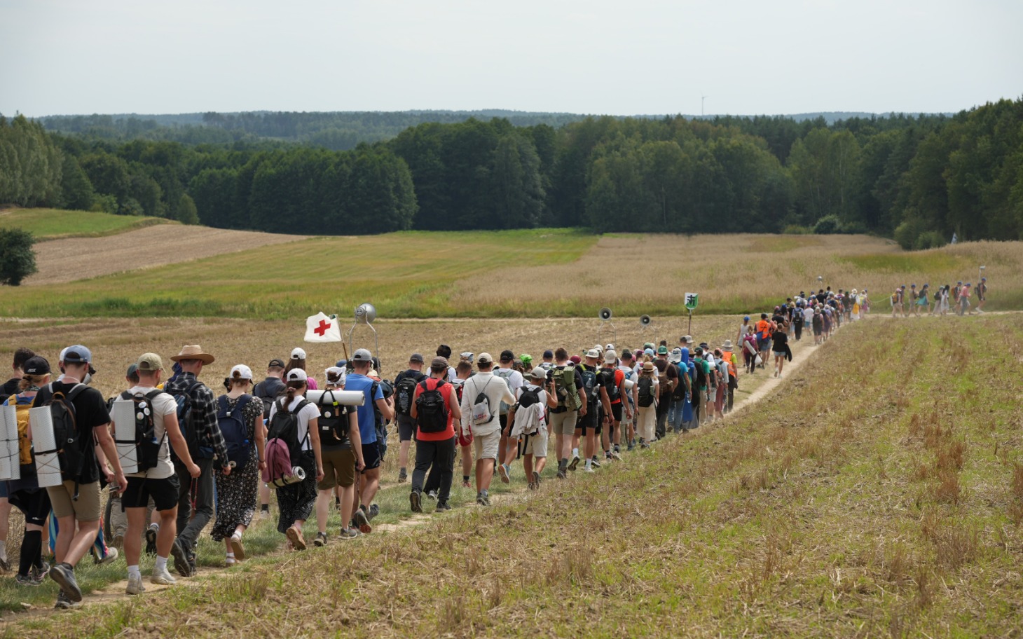 Grupa ludzi wędruje po polu podczas wspólnej pielgrzymki.