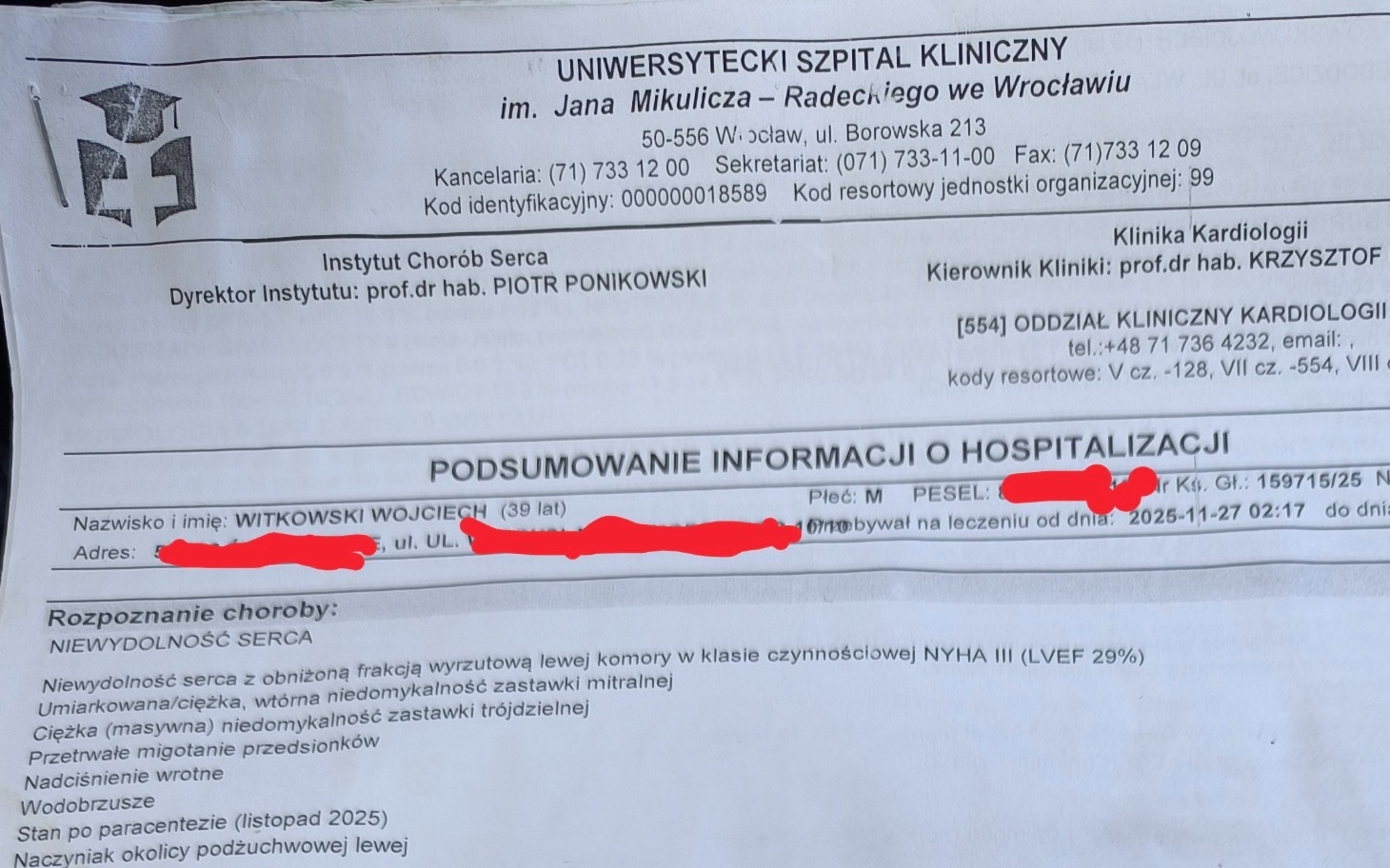 
        Dokument medyczny z informacjami o hospitalizacji.
    