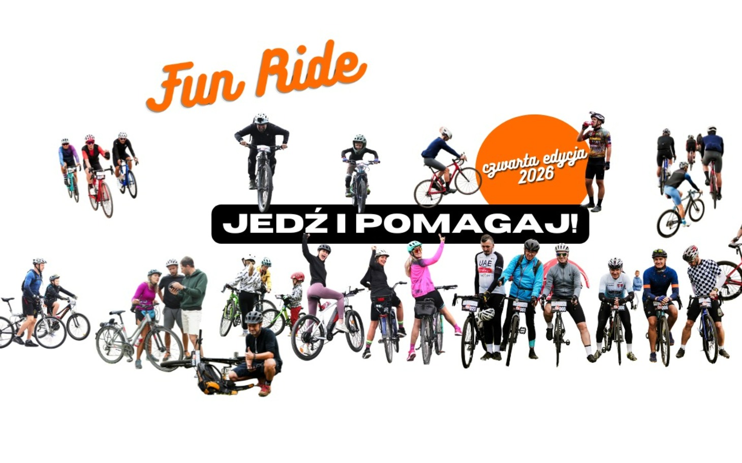 Kolorowy plakat lub baner z rowerzystami i napisem Fun Ride.