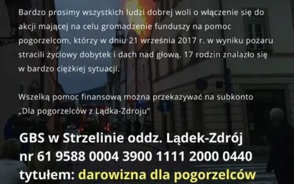 
        Zbiórka Pożar Ladek Zdroj 17 rodzin - zdjęcie główne
    