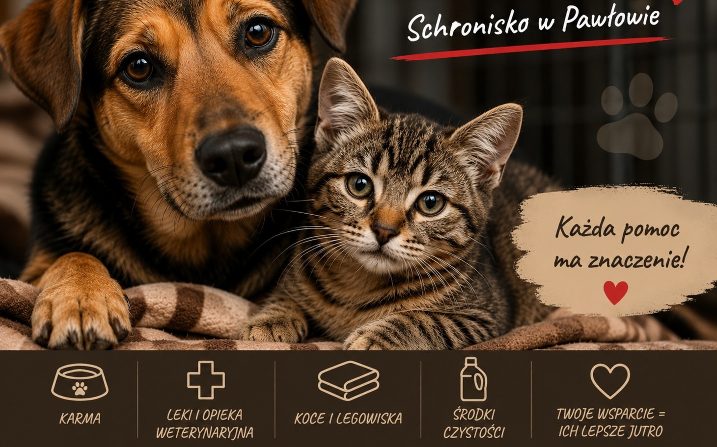 
        Przytulną parę zwierzaków: pies i kot na kocu, uśmiechnięte oczy
    