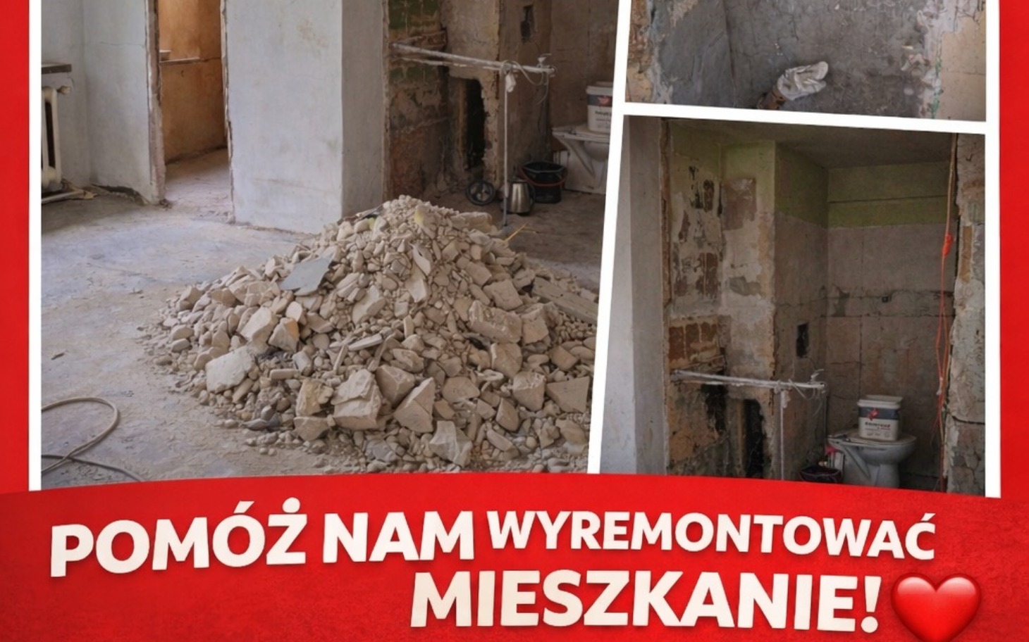 
        Zniszczone wnętrze mieszkania z gruzem, potrzebujące remontu.
    