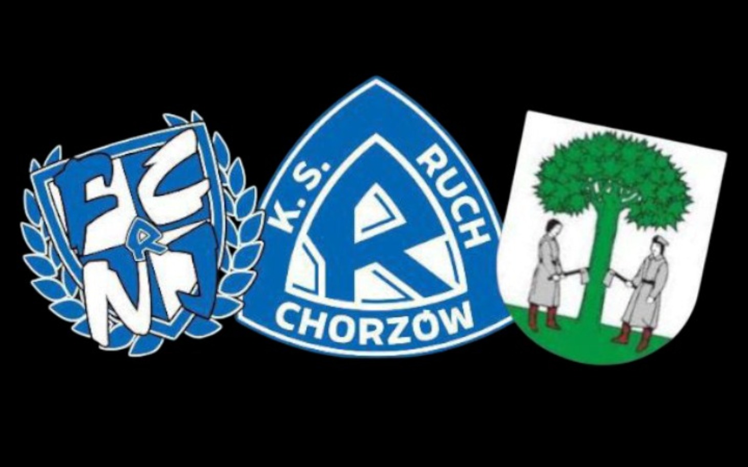 
        Herby trzech drużyn sportowych na czarnym tle.
    
