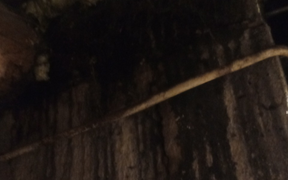 
        Widok na starą, zniszczoną powierzchnię z wystającym kijem.
    