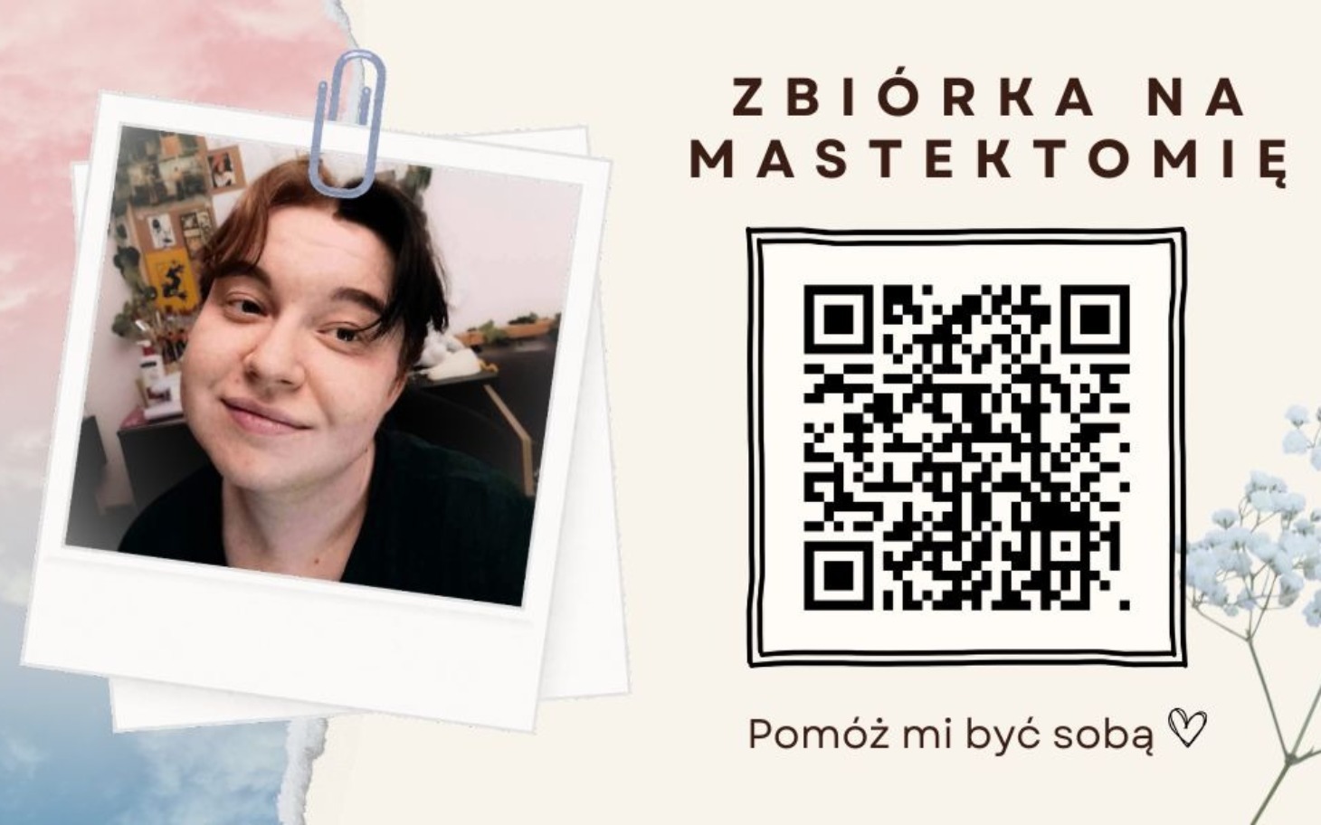 
        Portret młodej kobiety z QR kodem, zachęcający do wsparcia.
    