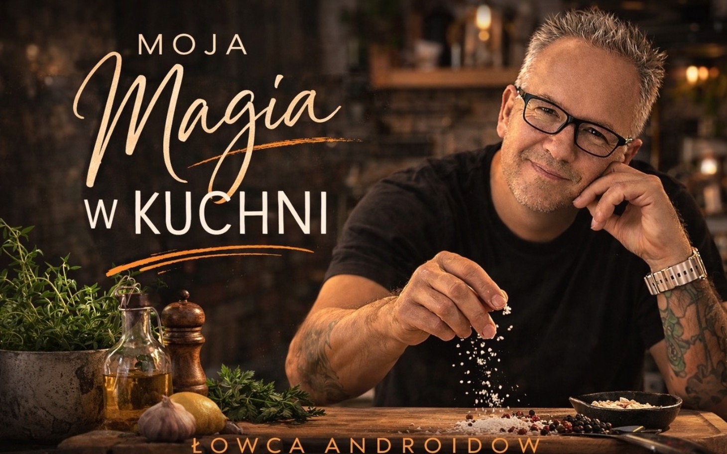 
        Mężczyzna w kuchni, przygotowujący potrawy z ziołami.
    