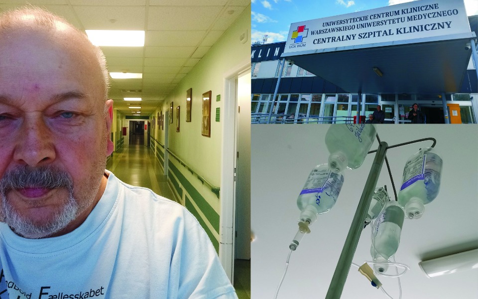 
        Szpital z kroplówkami, mężczyzna w korytarzu.
    