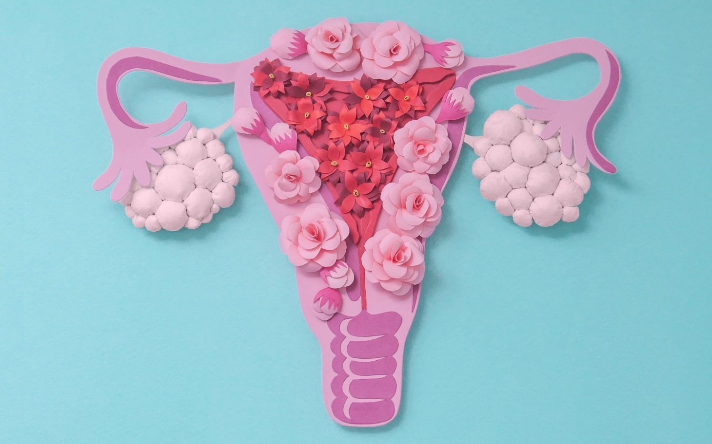 
        Papierowa dekoracja przedstawiająca kobiece narządy.
    