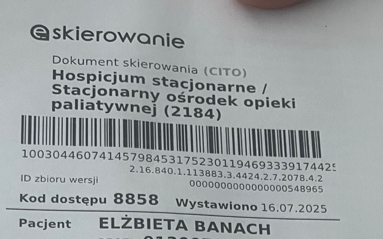 
        Dokument skierowania do hospicjum z danymi pacjenta.
    