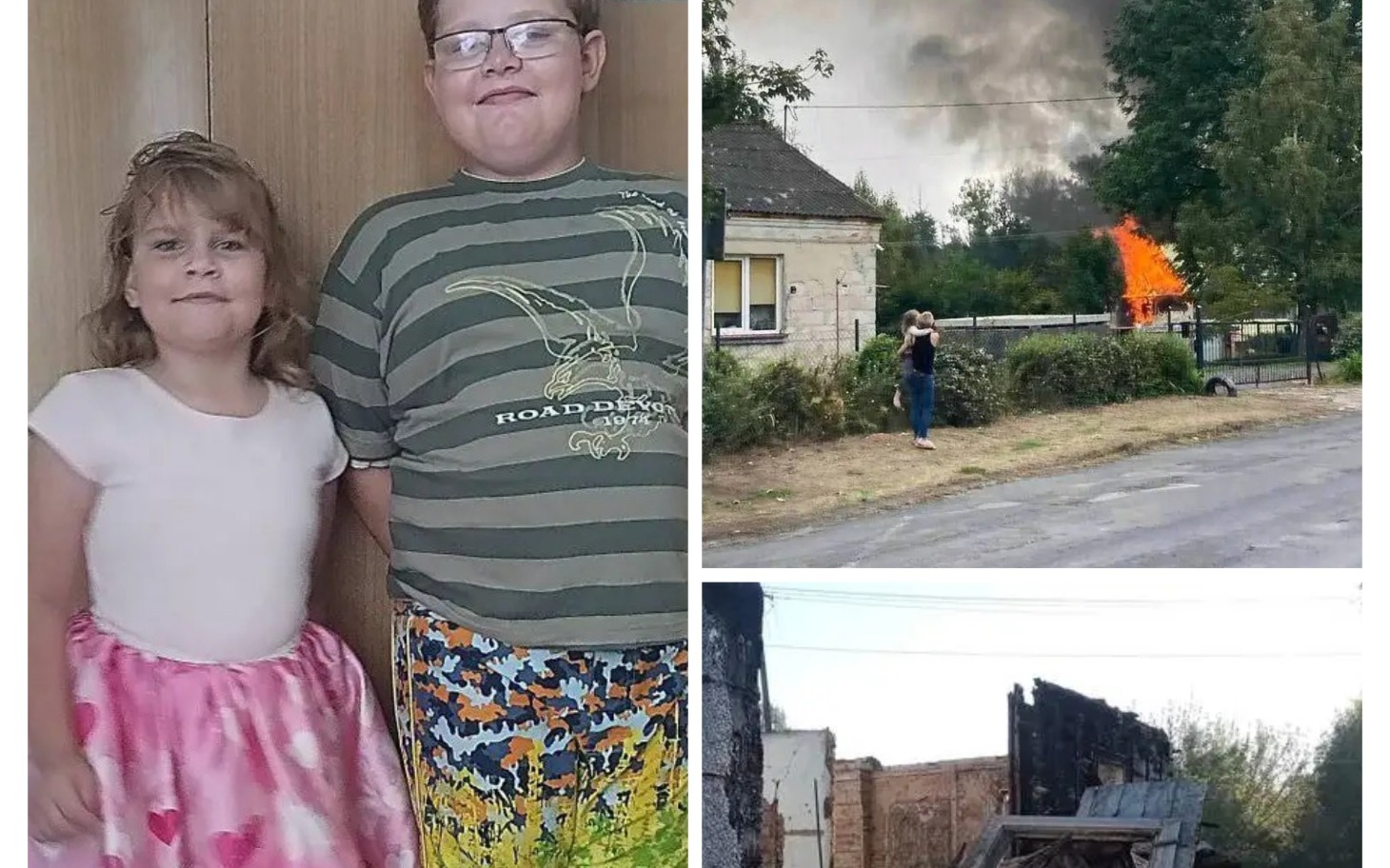 
        Dzieci pozują do zdjęcia, w tle widać pożar.
    