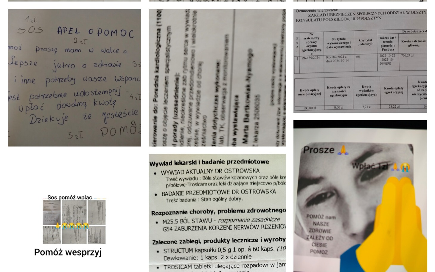 
        Zestaw dokumentów z prośbą o pomoc, zawierający różne informacje.
    