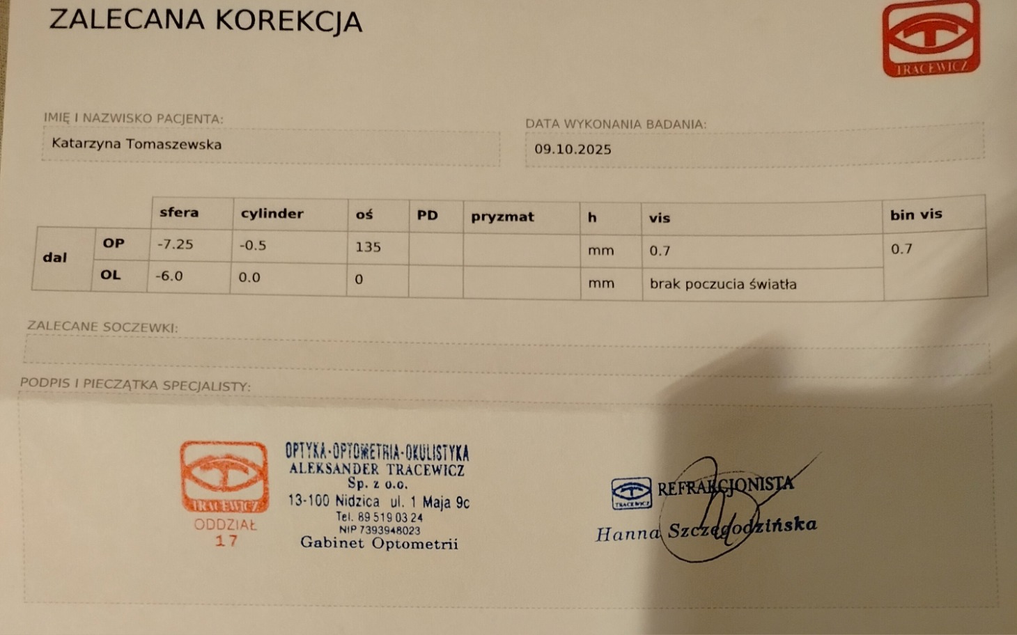 
        Recepta okulistyczna z danymi pacjenta.
    