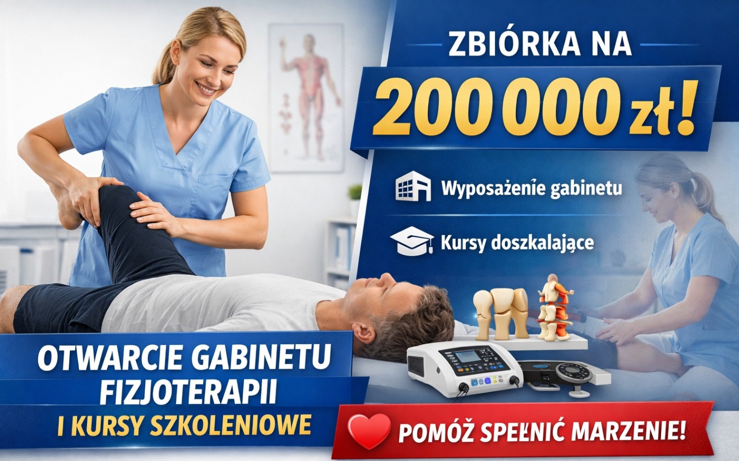 
        Zbiórka na otwarcie gabinetu fizjoterapii i kursy szkoleniowe.
    
