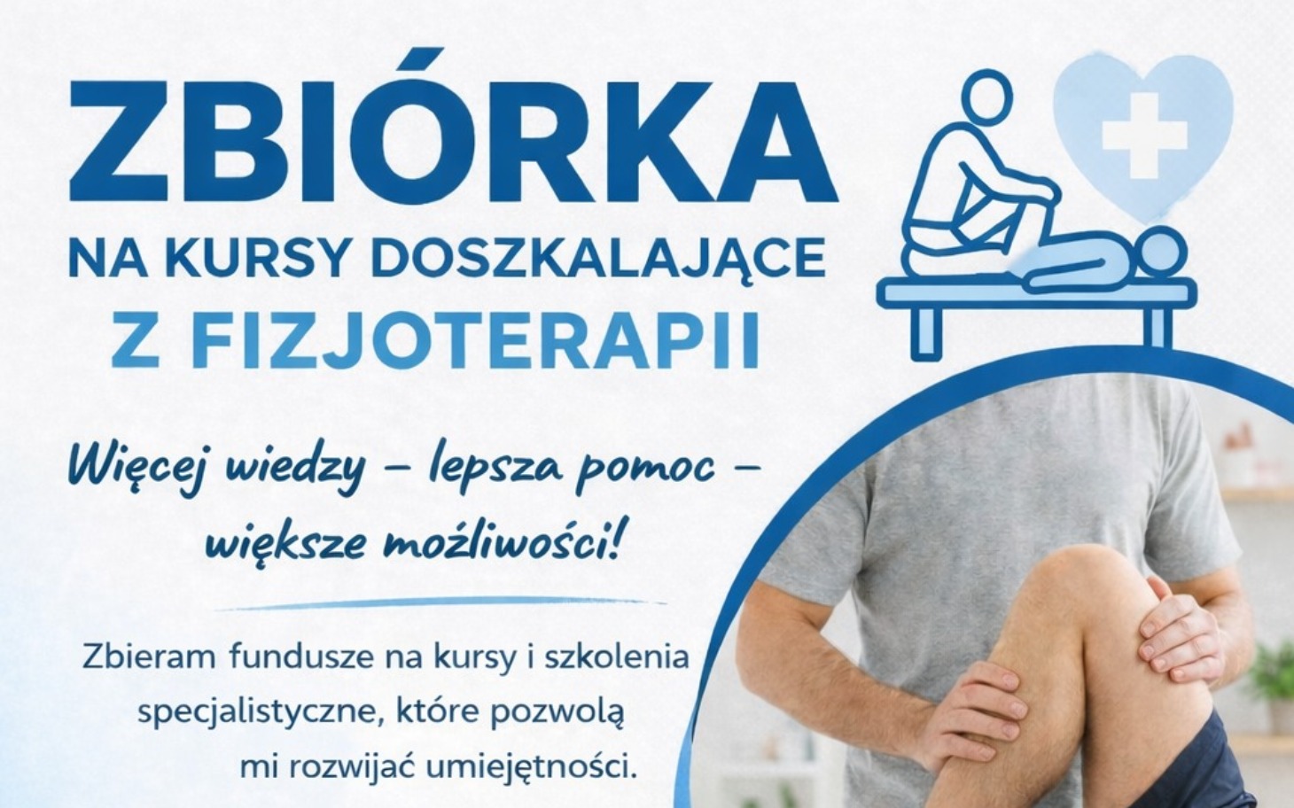 
        Plakat zbiórki na kursy fizjoterapeutyczne, z grafiką i informacjami.
    