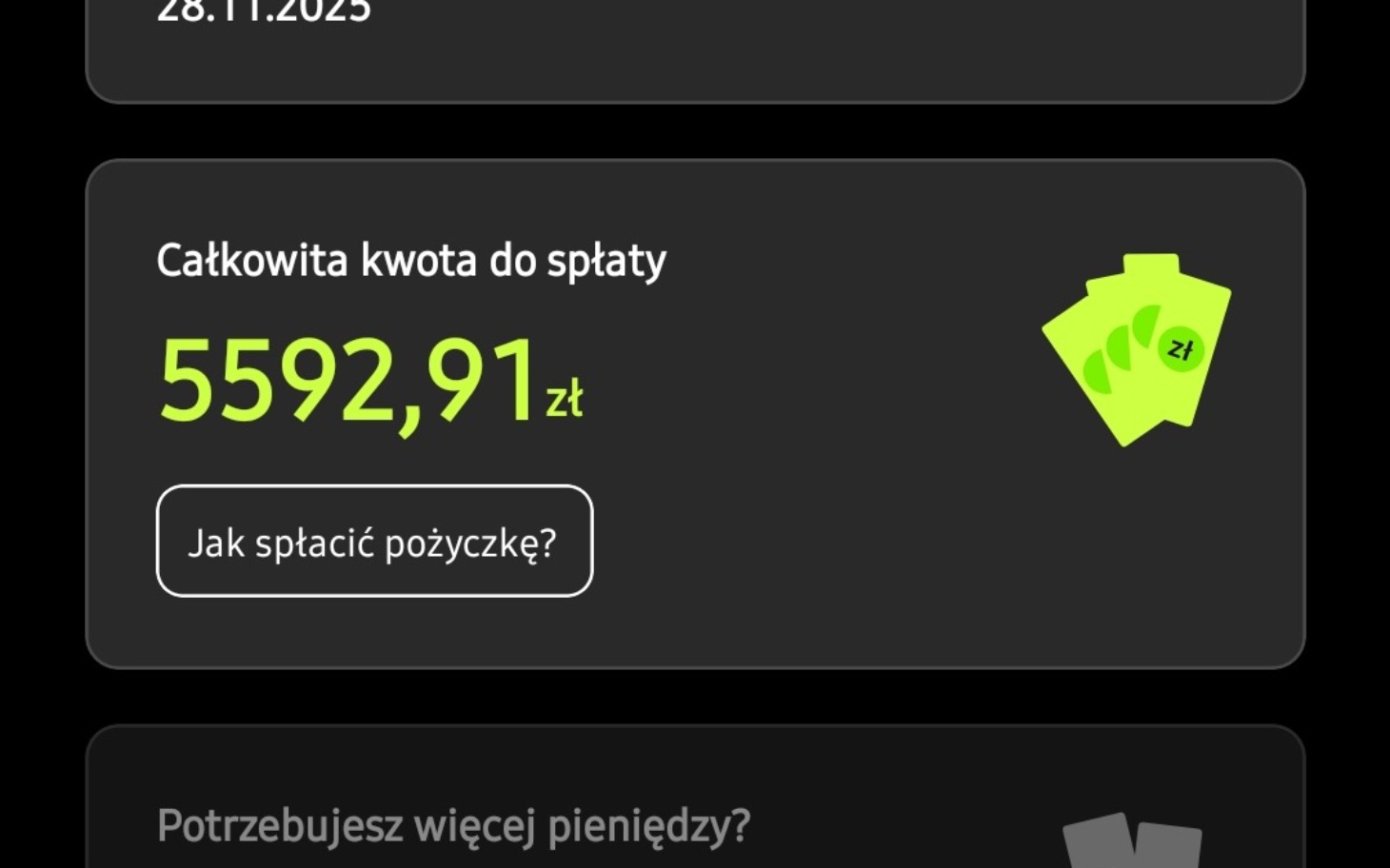 
        Ekran z informacją o pożyczce i kwocie do spłaty.
    