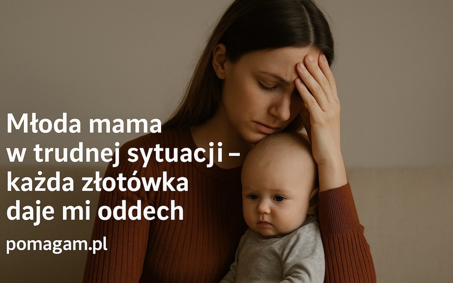
        Młoda mama z dzieckiem, wyrażająca trudności życiowe.
    