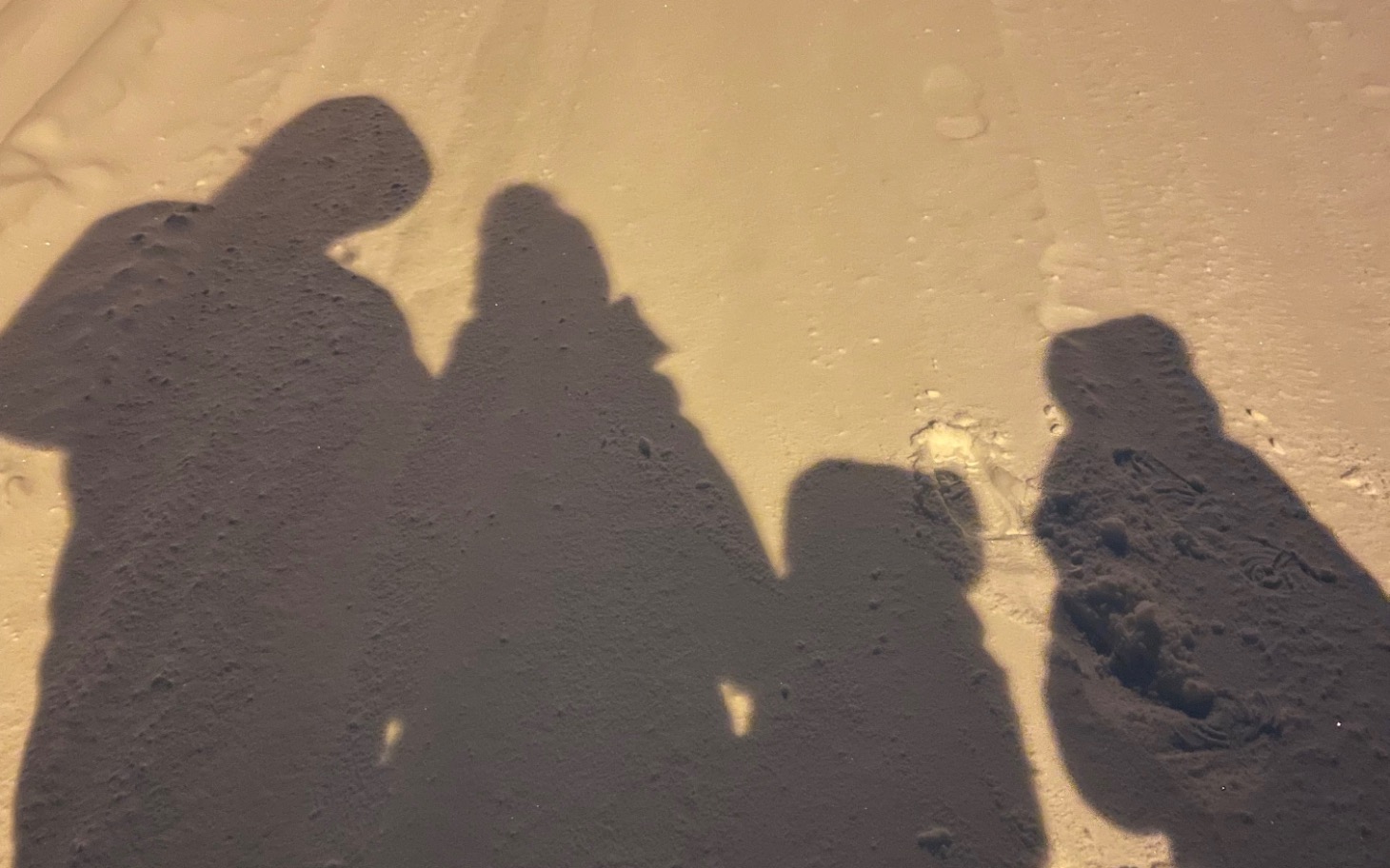 
        Cienie czterech osób na zaśnieżonej drodze.
    