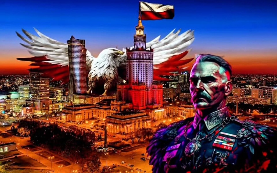 
        Artystyczna wizualizacja z polskim orłem i postacią w mundurze.
    