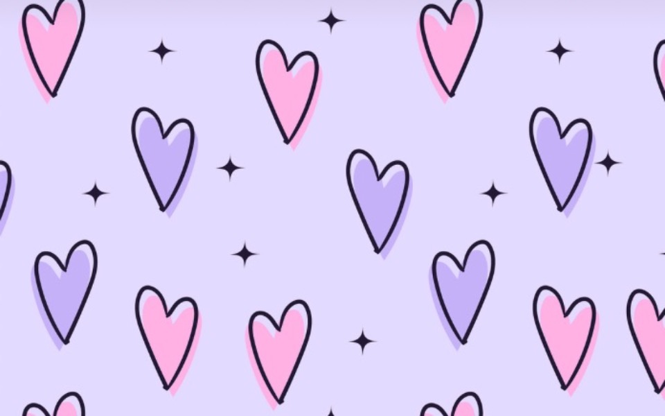 
        Wzór z sercami w odcieniach różu i fioletu na jasnym tle.
    