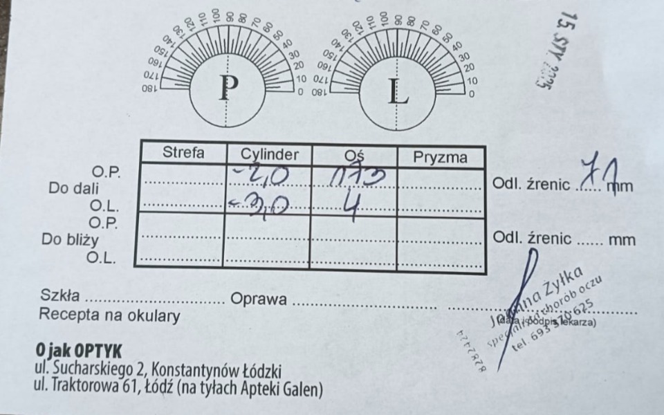 Recepta okulistyczna z danymi pacjenta i wartościami optycznymi.