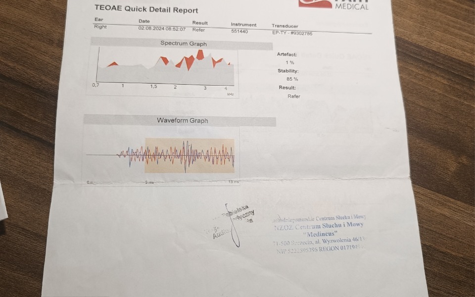 
        Raport medyczny z wykresami i danymi dotyczącymi słuchu.
    